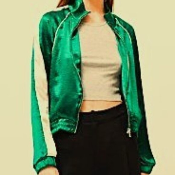 Vintage Bright Emerald Green BDG Urban Outfitters Satin Track Jacket, XS/XXS - Picture 1 of 8